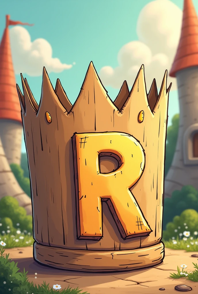 Cartoon drawing of a cardboard crown that says “R”.It is.”