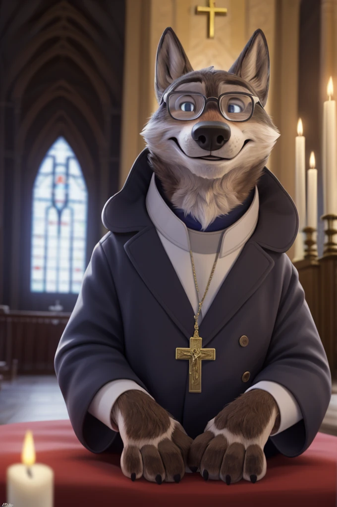 Larry (Zootopia), wolf, gray fur, (brown body:1.3), beautiful blue eyes, Zootopia,Catholic priest,Glasses,gold pectoral cross white collar, canine,wolf, detailed fur, Male, second, paw pads, claws, looks at the viewer, 5 fingers, paws, 4 toes, in the church, candles altar,Catholic Church, Vatican, sits and prays, 
BREAK from nextel, for dating, by xenoforge, (difficult, high detail,digital photography, soft focus, RAW, close to the camera, smile, positive, Good, mood, Houses, looks at the viewer, очень close to the camera, Pope. 
photorealism, realistic, photorealistic,digital style, subsurface scattering,очень close to the camera 
шедевр, Best quality, ultra realistic, 8 thousand.)