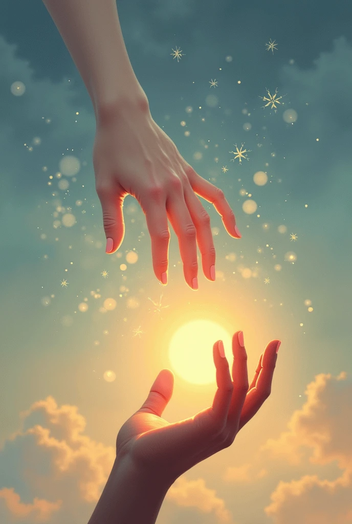 Cover of a book with two hands trying to touch each other in the sky
(There is a light sunset behind and several snowflakes falling in the distance), a white hand (the one above) and the other brown hand ( the one below) 