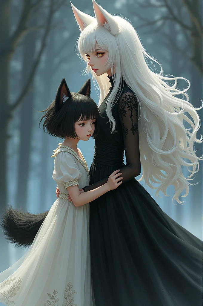 A child girl with black eyes and short black hair, with wolf ears and wolf tail, in white dress, with a tall woman, with white hair, with golden yellow eyes, 3 basics, and a black dress.