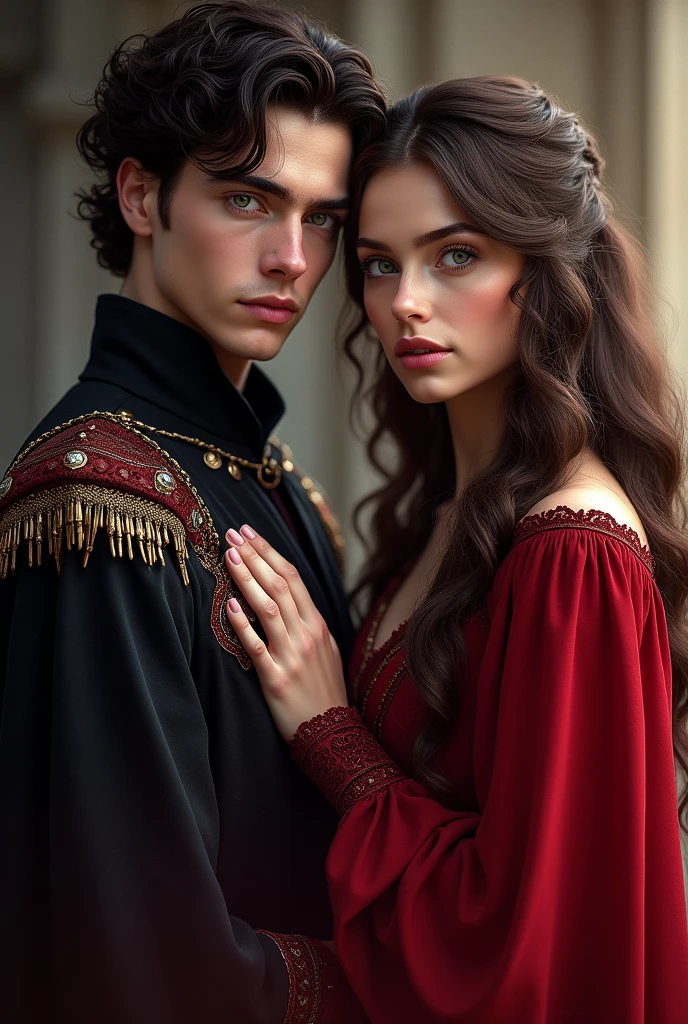 A cover for a romance novel called "visceral" It&#39;s about a kind of Enemys to lovers between two teenagers, a prince with black curly hair, white skin and green eyes, and a princess with wavy brown hair, white skin and violet eyes. Their clothes must be red or black and the Targaryen symbol. author: Solesxt 