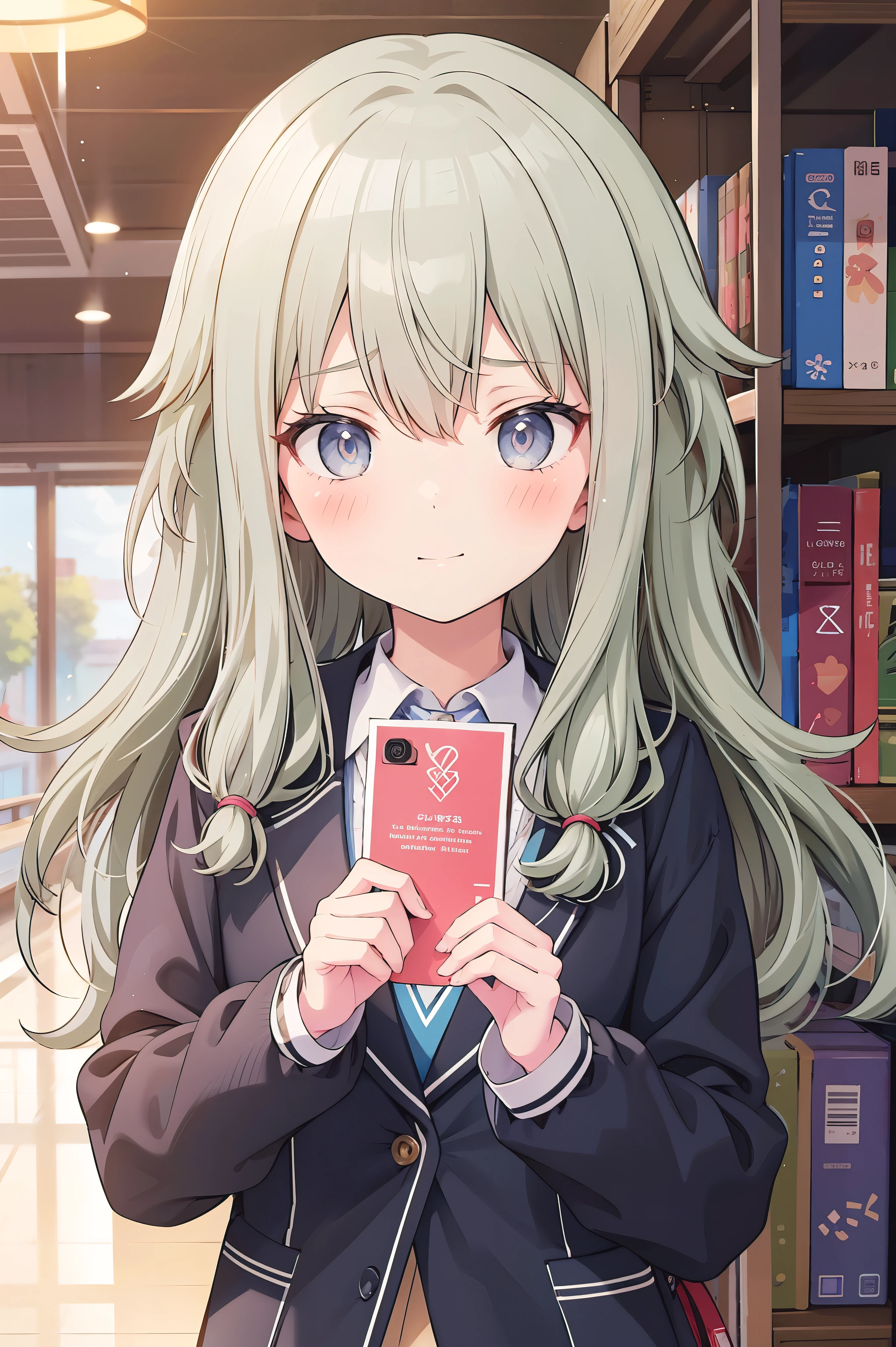 (8k, 最high quality)、Ultra-high resolution、adorable、最high quality, beautiful, (((Absurd beauty)))、masterpiece、Best image quality、(Front facing)、good feeling、smile,Face the camera、Delicate eyes、smile、Small face、girl、1 person、masterpiece, Most detailed、school uniform、blazer、high quality、♡、heart、Shiny Hair、Very fine and beautiful bright eyes、Medium chest、nose blush、Very detailed, clear and beautiful face, Awards, (Anatomically correct)