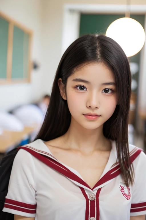 (Highest quality), ( Japanese girl),  (Moisturized lips), Narrow eyes, double eyelid,Delicate clavicle,Flat Chest,Black Hair、Mr...々Hairstyle、,
 (Let me me me me&#39;Let me me me&#39;Let me me&#39;Let me&#39;Let&#39;s take another look),  shame, Open your mouth a little,
(Stylish rooms:1.2), Professional Lighting, 
(school uniform), (Sunburned skin:0.2),Full body photo、Full Body Focus、Natural skin texture、A neat and tidy honor student、A see-through shirt