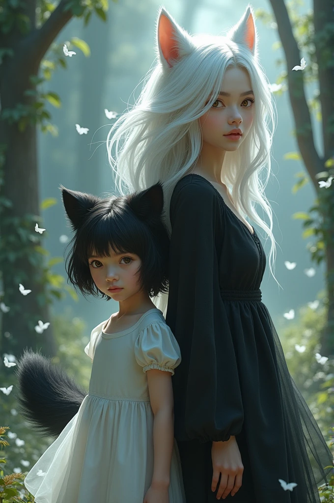 A child girl with black eyes and short black hair, with wolf ears and wolf tail, in white dress, with a tall woman, with white hair, with golden yellow eyes, 3 basics, and a black dress.