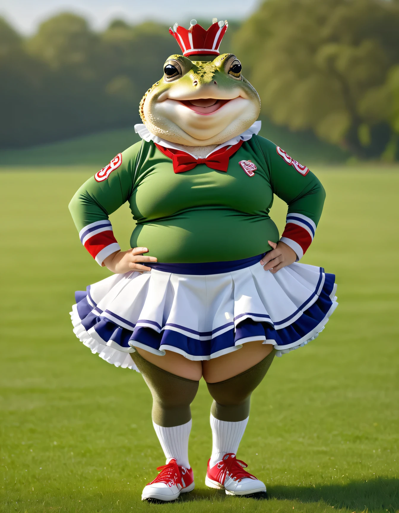 photorealistic portrait of Dressed animals - a ((fat)) (toad) cheerleader,( hands on hips:2.0),(elegant pose:1.5), (happy smile:1.5),high quality,(lovely) ,intricate detailed frilled short skirt, highly detailed ((cheer costume)) ,(highly detailed sox and sneakers), , highly detailed clothes, (happy), natural lighting,(full body image:2.0), break, grass field background,