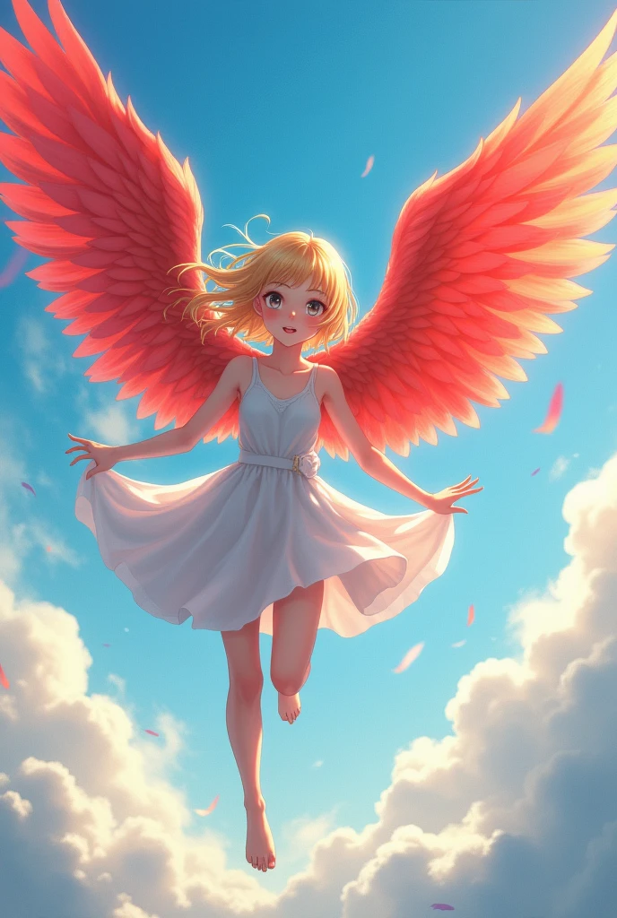 blonde girl, with red wings and the features of the anime boku no hero. she is flying in the sky