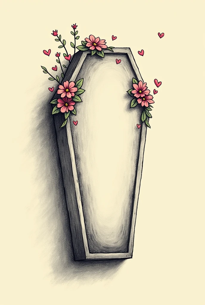 A drawing of a coffin on the left side with flowers and little hearts on top on a plain Tim Burton style background to one side of the image