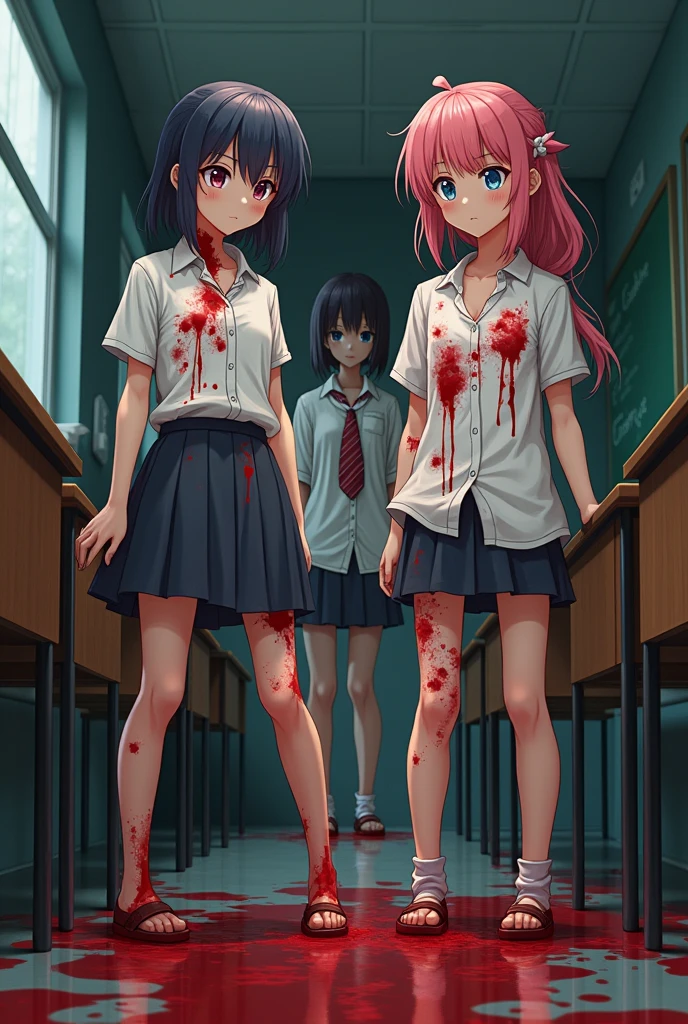 Two anime girls dirty of blood in the school with a psychopath girl behind them 2D Animation
