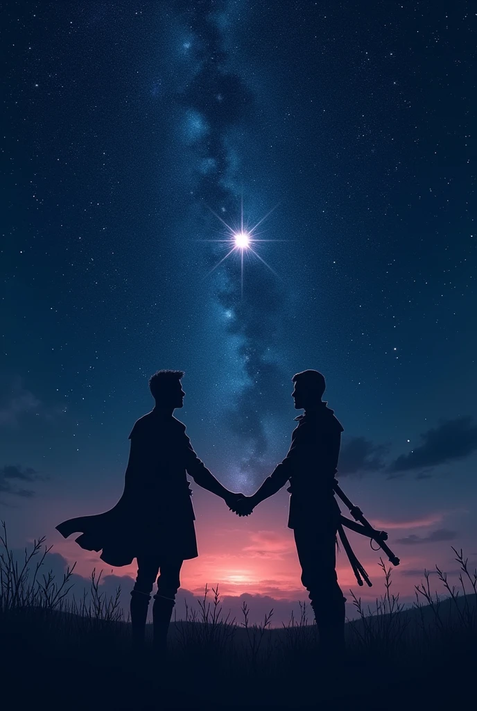 Two shadows of two men who are warrios with short hair (far away) trying to hold hands but out of reach, these two men are in the middle of a plain in the evening, with a starry night (dark blue sky above fading to slightly lighter blue below, with pink and red) with thousands of stars, one in the middle shining a little brighter and standing out from the others.