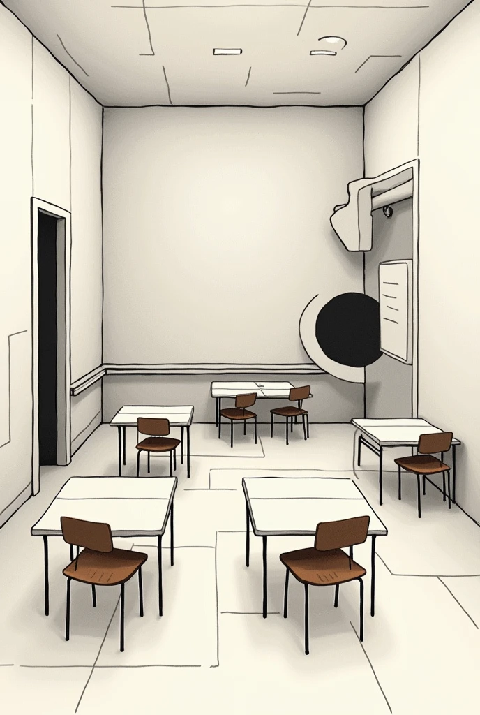 A drawing of a classroom that is abstract, made with pure figures, that is excessively abstract.