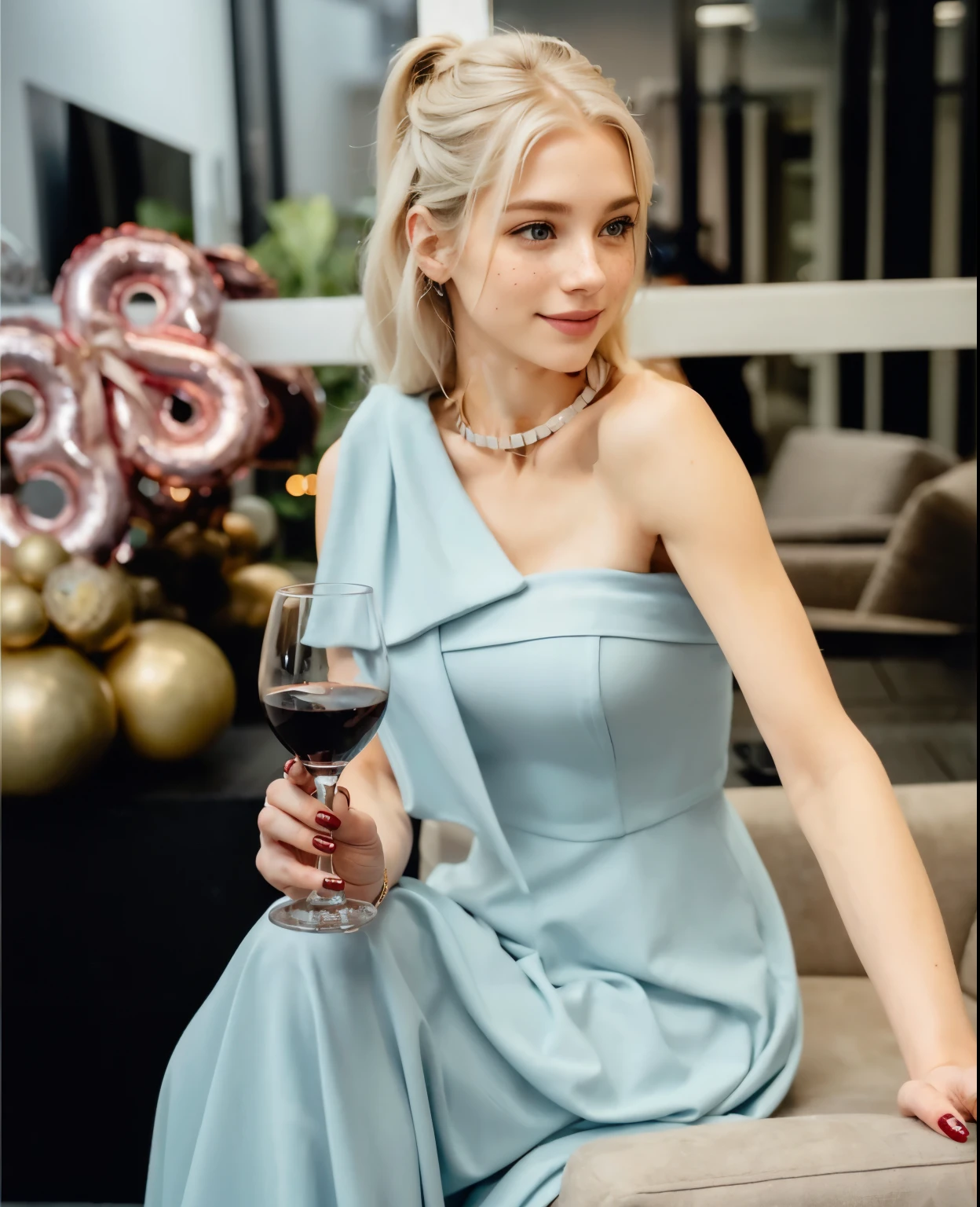 Face of a woman, americana, age 25, pale skin and freckles, grey-eyed, delicate nose, soft and delicate lips, Long Wavy Gray Blonde Hair, Sweet smile, cabelo solto e cheio