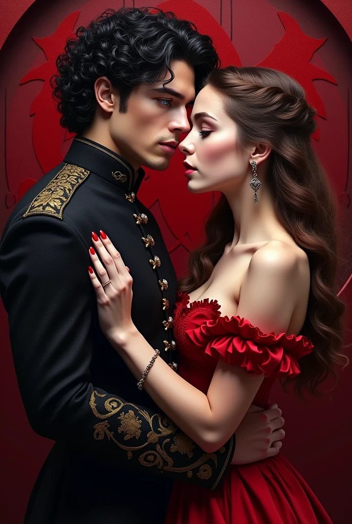 A cover for a romance novel called "visceral" It's about a kind of Enemys to lovers between two teenagers, a prince with black curly hair, white skin and green eyes, and a princess with wavy brown hair, white skin and violet eyes. Their clothes must be red or black and the Targaryen symbol. author: Solesxt