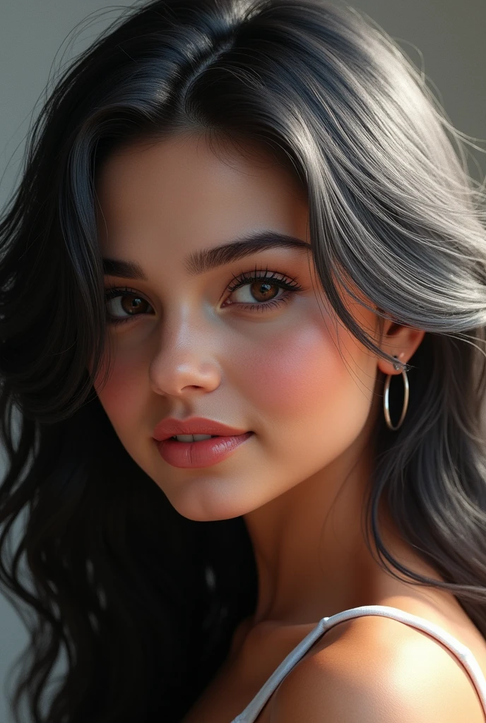 A beautifully contrasted portrait captures the evolution of Selena Gomez over the years: on the left, a vibrant black haired 25-year-old with lush black hair, and on the right, a striking older gray haired 50-year-old with gray hair. This digital artwork showcases the side profiles of both ages in a close-up layout, highlighting the differences and similarities between youth and maturity. The attention to detail is impeccable, from the fine lines on her face to the subtle changes in her expression. The overall effect is both poignant and visually stunning, making this piece a true work of art.