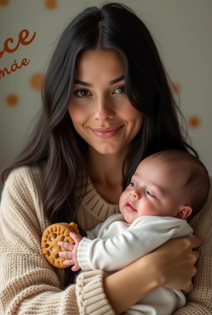 Croar image of a young mother with long black hair holding a baby and cookies around it with the words doce mae written in Portuguese