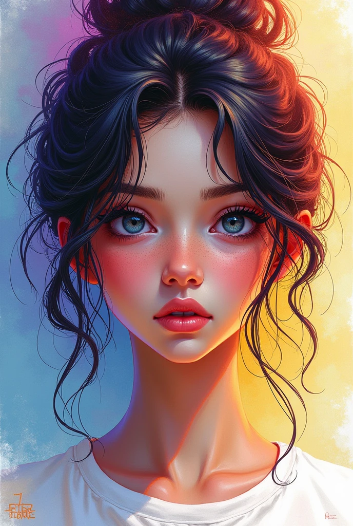 Colorful beautiful girl:A 28-year-old girl,messy hair,oil painted,perfect face,Soft skin perfect face,blue yellow colors,Light purple and violet color added,Light red color added,Complicated details,Splash screen,8K resolution,tmasterpiece, cute face, ArtStation digital painting is smooth and very black ink flow:8k resolution photorealistic masterpiece:intricately detailed fluid gouache painting:Written by Jean Baptiste Mongue:caligraphy:propylene:water color art,professional photoshooting,natural lightting,Volumetric lighting minimalist photographic illustration:Written by Marton Bobzert: ,complex,ellegance,sprawling,dream magical,Wavy hair,with dynamism