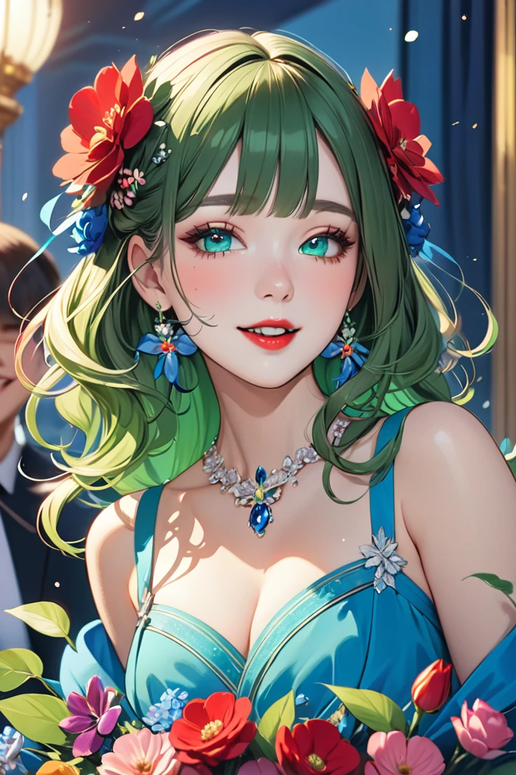 (masterpiece),(Best Quality:1.0), (ultra high resolution:1.0), Detailed illustration, 8k, cheered up, 1 girl, beautiful cheered up girl, wearing a blue dress, Crown of flowers, pretty face, detailed face, pretty eyes, detailed eyes, red blue eyes, bright green lips, Red lipstick, beautiful elegant hair, highlights in hair, bangs cheered up style, Best Quality, Vibrant