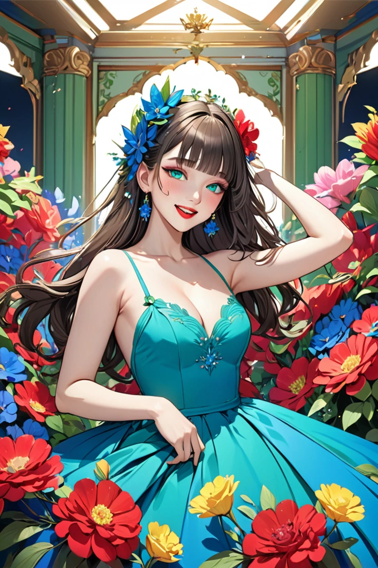 (masterpiece),(Best Quality:1.0), (ultra high resolution:1.0), Detailed illustration, 8k, cheered up, 1 girl, beautiful cheered up girl, wearing a blue dress, Crown of flowers, pretty face, detailed face, pretty eyes, detailed eyes, red blue eyes, bright green lips, Red lipstick, beautiful elegant hair, highlights in hair, bangs cheered up style, Best Quality, Vibrant