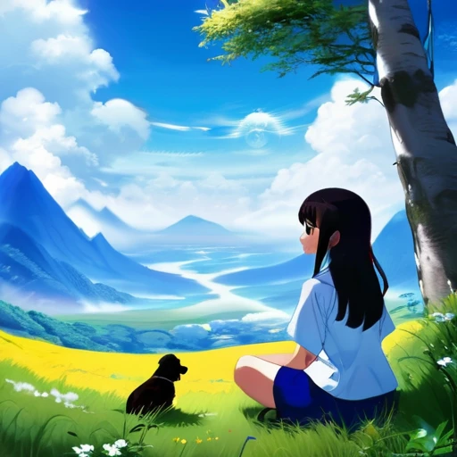 anime landscape of a girl＆cute corgidog sitting on a hill with grasses with dark blue clouds, blue cere madder sky  lightly big bell   with few clouds, anime nature wallpapers, beautiful anime scene, beautiful anime peace scene, Makoto Shinkai Cyril Rolando, beautiful scene of anime, amazing wallpaper, anime art wallpaper 8k, anime background, art anime background, anime 4k wallpaper, anime art 4k wallpaper, anime art 4k wallpaper,  prayer of requiem  prayer of requiem