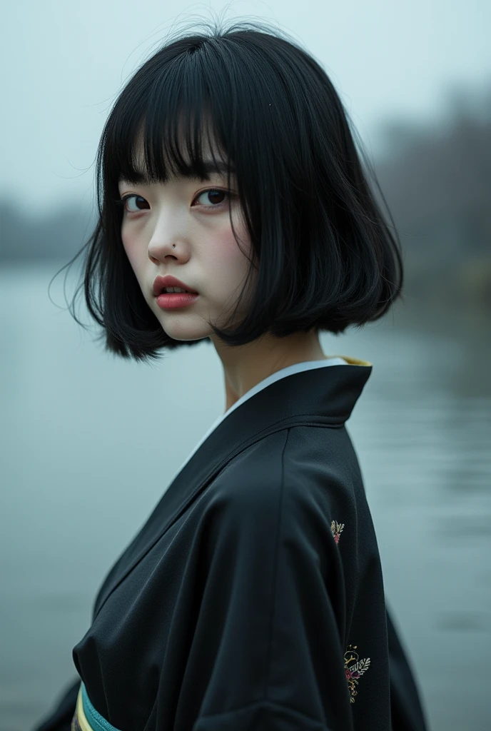 editorial photography,super detailed background,Super realistic,double exposure,depth of field,beauty super slender skinny Korean vibes,soft focus black tone,narrative scene,skinny,super short straight dark black hairstyle,knee portrait photo,pale violet eyes,iris,pupil,wabi-sabi,mole,open lips,from behind,kimono,waterside,Super long straight thin hairstyle,