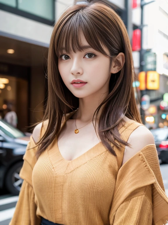 Ultra-high resolution, Superior Quality, Highest quality, Super detailed, Realistic, 8k, RAW Photos, Highest quality, masterpiece, Attractive girl, A wonderful girl, Brown Hair, Shoulder-length layered, Asymmetrical bangs, Japanese Idols, Sophisticated, stylish, blouse,Shibuya Ward, 