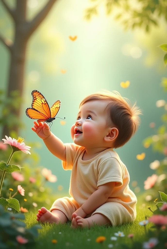 Make a wall picture of a  playing with a butterfly. em um jardim 

