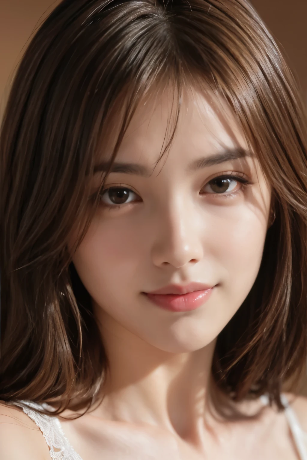 Best quality, realistically, ultra - detailed, Detailed pubic hair, A high resolution, solid color backdrop，8k wallpaper, 1 Beautiful woman, light brown messy hair,  lock focus, Perfect dynamic composition, beautiful eyes, Delicate hair, Detailed realistically skin texture, Smiling, closeup portrait, Model body type, Random body orientation,