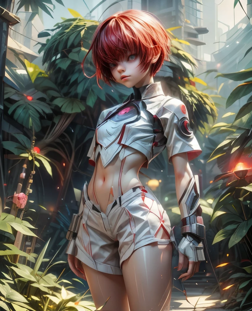 appearence a  girl,red eyes,albino,calm,quiet,cute,pretty,full body,looking ahead,short hair combed back,red outfit,black short,long hair,fringer,serious look,cyberpunk background 