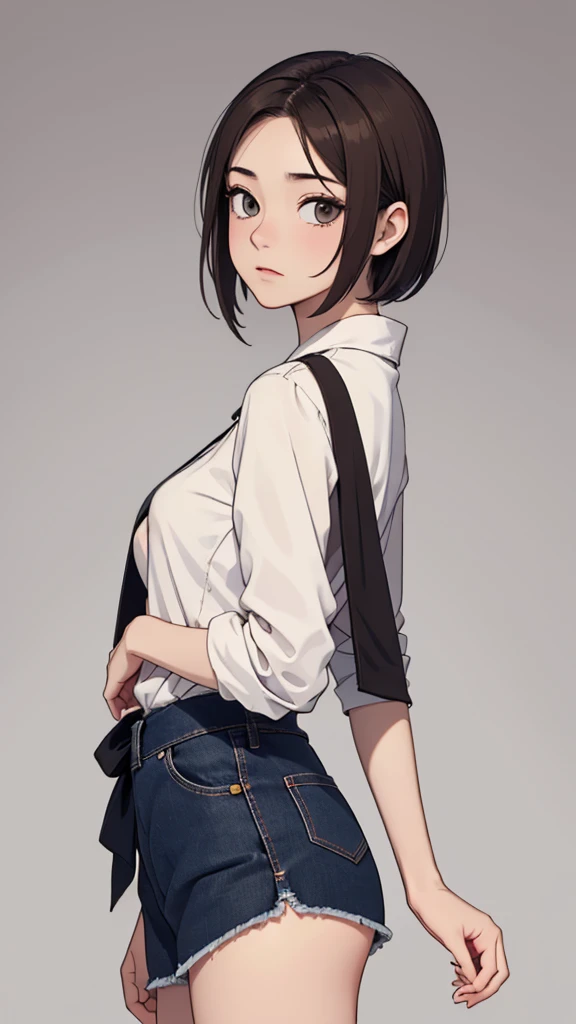 (((masterpiece, best quality, ultra highres, 1 girl, solo, no background))), super detailed skin and face and eyes and finger, beautiful japanese woman, small :1.5, skinny, light brown hair, white background, very short pixie hair, knee shot, Generate with illustrations, Various expressions, Various poses, The background should be simple, with the character positioned centrally, outline, anime, 2d, boyish, Plain clothe, everyday clothes, expressionless, 