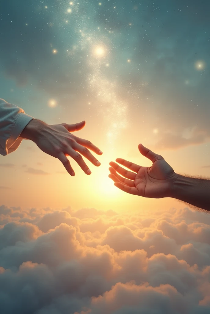 Book cover with two hands (of men) trying to touch each other in Heaven
(There is a light sunset behind and several snowflakes falling in the distance), a white hand (the one above) and the other brown hand ( the one below)