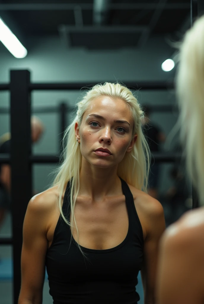Faça a Pom Klementieff (platinum hair) taking a picture in the mirror and sweating in a boxing room, after just coming off your hard workout 