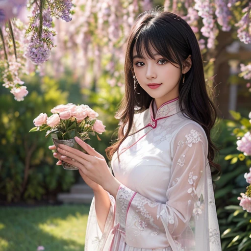 best quality, Delicate face,beautiful visual work, lifelike, eternity, black hair, Long curly hair, blunt bangs, Smile, In the flower garden, flower, Detailed Background, Delicate face,pink blush,cold,((masterpiece))、(top quality)、8k、high detail、Super detailed,21 years old female,Wearing Chinese cheongsam、Seductive and whimsical style、masterpiece、born、Scenes resembling fairy tale illustrations、Intricate details and complex designs、Beautifully、magic、capricious、 Beautifully、Dream aesthetics、「𝓡𝓸𝓶𝓪𝓷𝓽𝓲𝓬、ethereal、charming、fickle、magic」、Realism、Visual effects、FXAA、SSAO、Shaders、voiceless、ambient lighting、Tone mapping、High resolution、Ultra high quality、Million pixels、(8K resolution:1.10)、8k、Below 8K、8K resolution、high detail、intricate details, (high quality:1.2、masterpiece:1.2、:1.21)、(21 years old female:1.21)、(Smile excitedly)、(Surrounded by the dreamy atmosphere、Model diagram,full-body shot,Normal 2 feet,Don't show your fingers