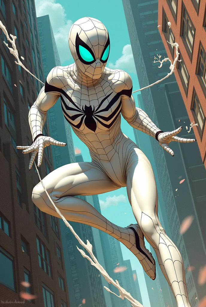 Slim spider man with webbing but in a white suit with bright turquoise eyes in comic book style art