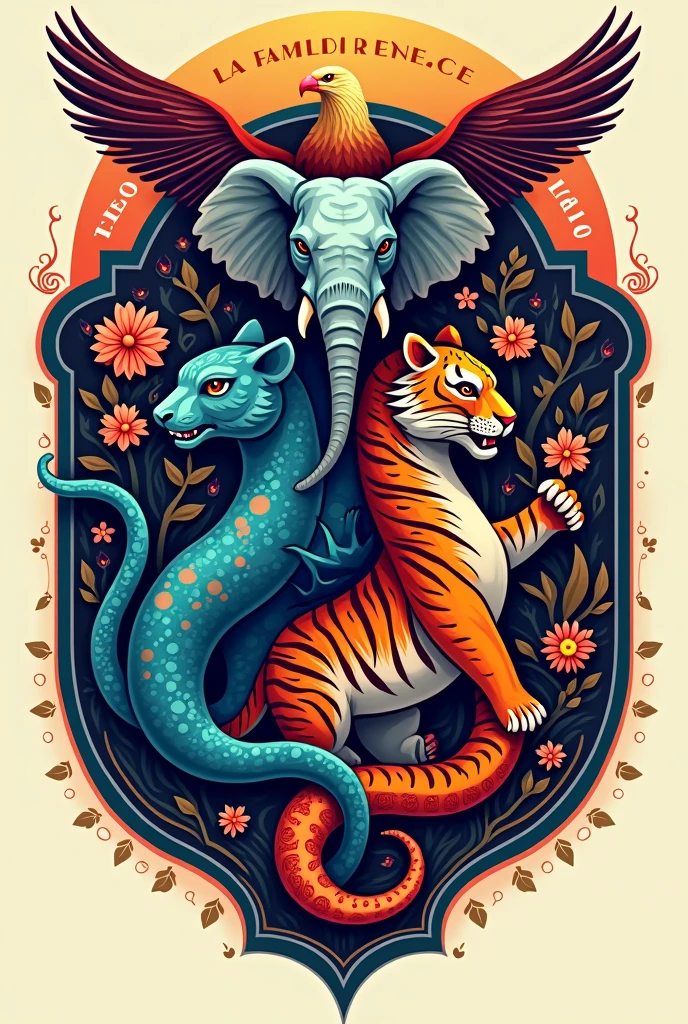 Logo, with an elephant, a snake, a tiger and an eagle In color and with the family reborn written on it In Spanish 
