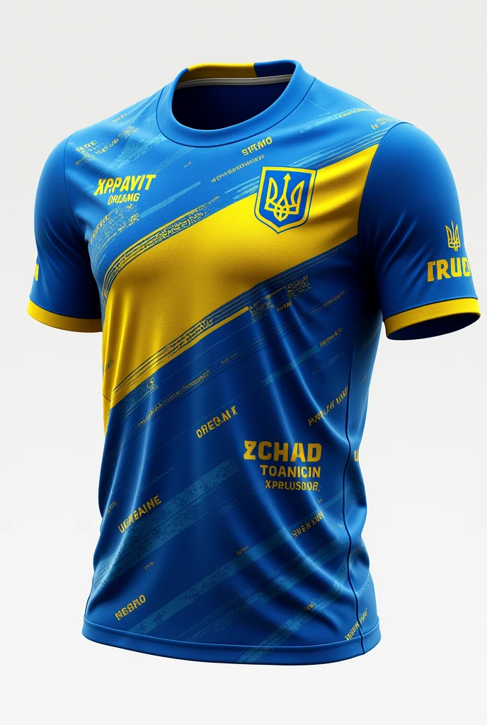 A never-before-seen custom team shirt with lots of detail in blue and yellow with the Ukraine symbol