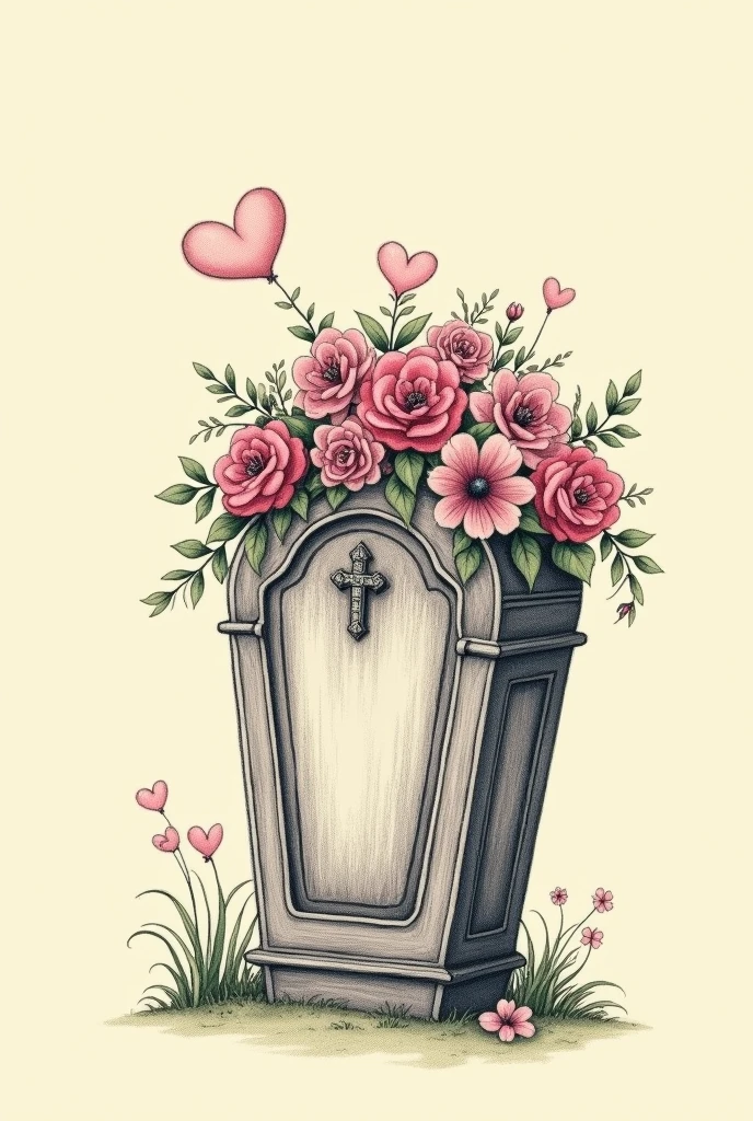 A drawing of a coffin on the left side with flowers and little hearts on top on a plain Tim Burton style background to one side of the image
