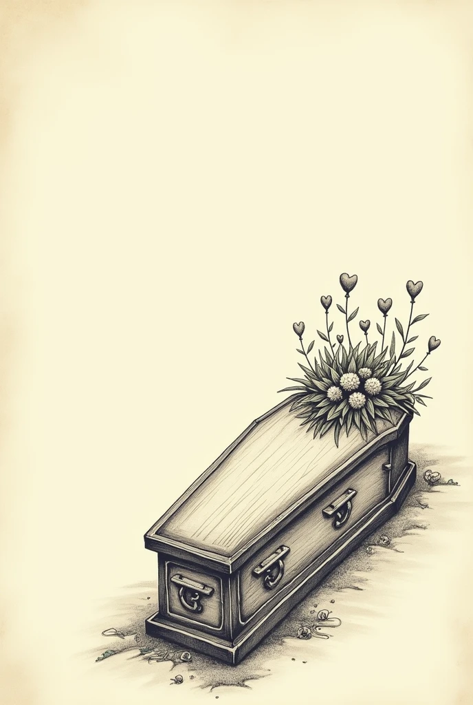 A drawing of a coffin on the left side with flowers and little hearts on top on a plain Tim Burton style background to one side of the image