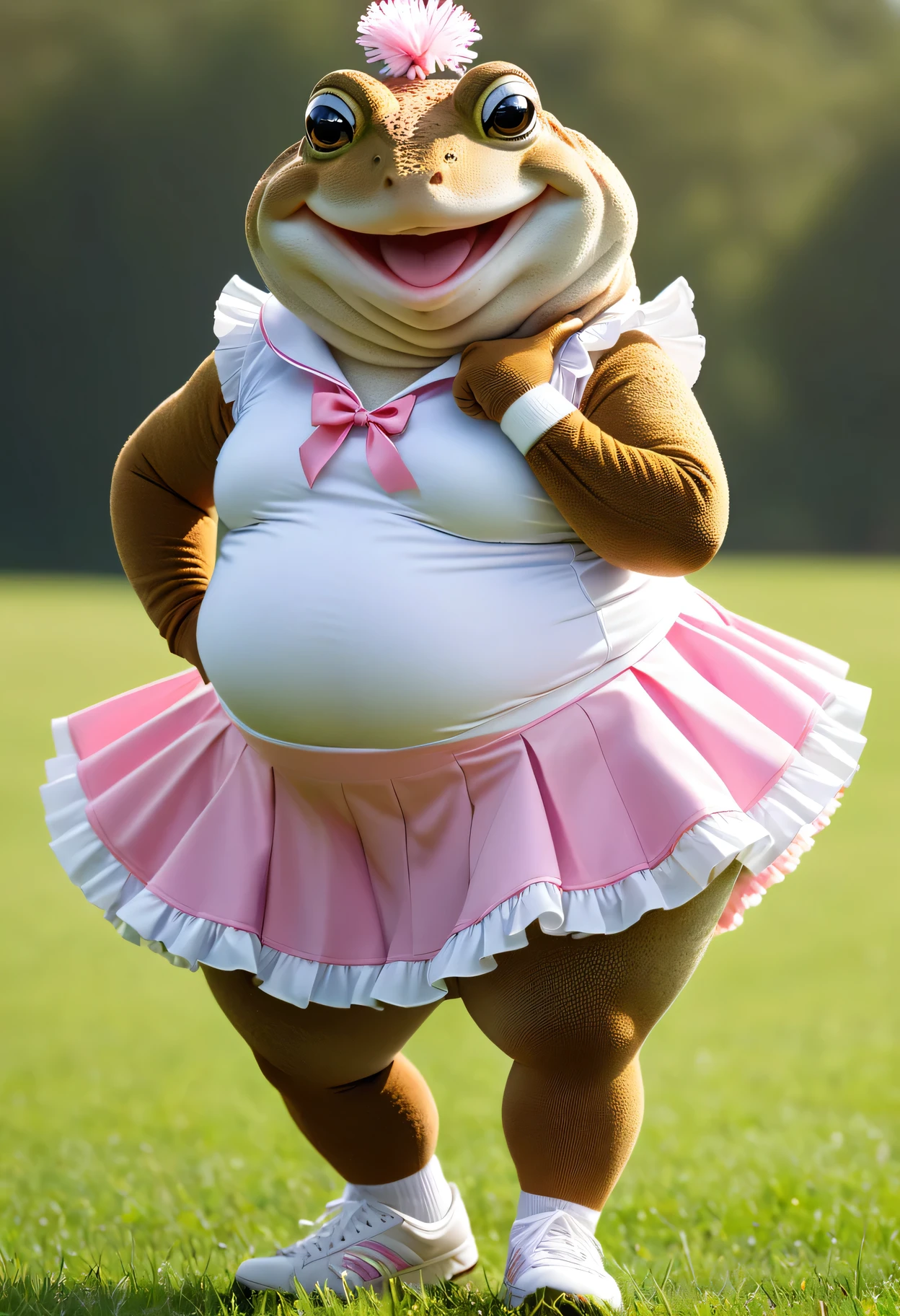 photorealistic portrait of Dressed animals - a ((fat)) (toad) dancer,( hands on hips:2.0),(elegant pose:1.5), (happy smile:1.5),high quality,(lovely) ,intricate detailed frilled short skirt, highly detailed ((pink and white cheerleader's costume)) ,(highly detailed sox and sneakers), , highly detailed clothes, (happy), natural lighting,(full body image:2.0), break, grass field background,