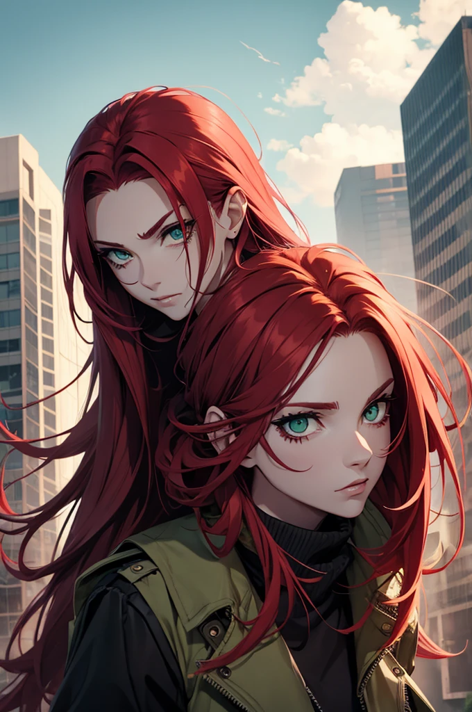 Woman punk long red hair green eyes apocalypse