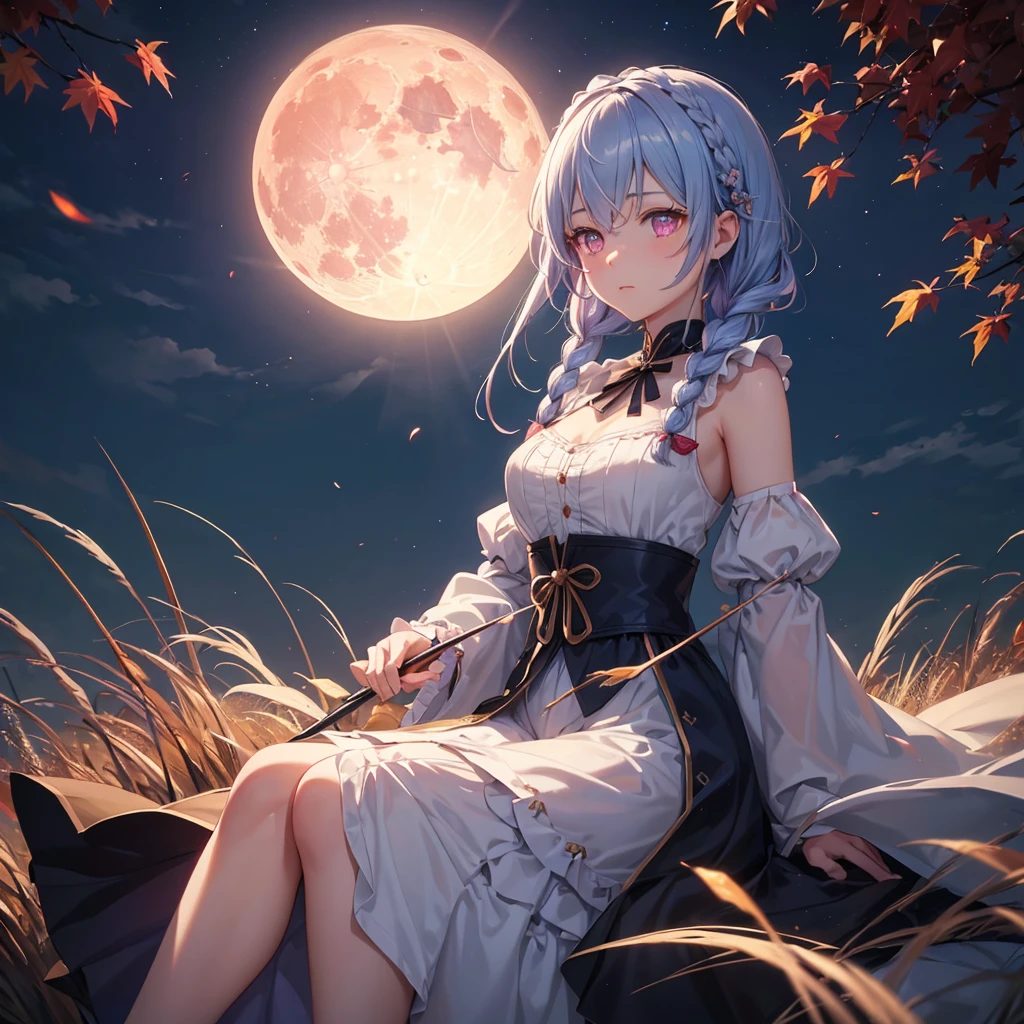 (Braiding),(Sky blue medium hair), (Pink eyes),(Fair skin) ,(whole body),(One Girl),(harvest moon),(A large amount of Miscanthus sinensis in the background),autumn,(full moon),(masterpiece, Highest quality, Very detailed, Best Shadow), (Detailed Background), (Beautifully detailed face), High Contrast, (Best lighting, Very delicate and beautiful), ((Cinematic Light)), Hyper Detail,8k, Dramatic Light, Intricate details,Maple