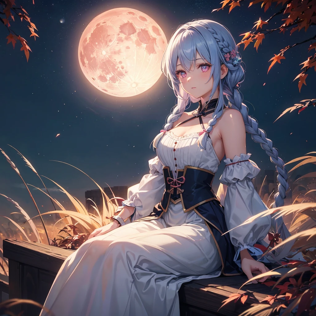(Braiding),(Sky blue medium hair), (Pink eyes),(Fair skin) ,(whole body),(One Girl),(harvest moon),(A large amount of Miscanthus sinensis in the background),autumn,(full moon),(masterpiece, Highest quality, Very detailed, Best Shadow), (Detailed Background), (Beautifully detailed face), High Contrast, (Best lighting, Very delicate and beautiful), ((Cinematic Light)), Hyper Detail,8k, Dramatic Light, Intricate details,Maple