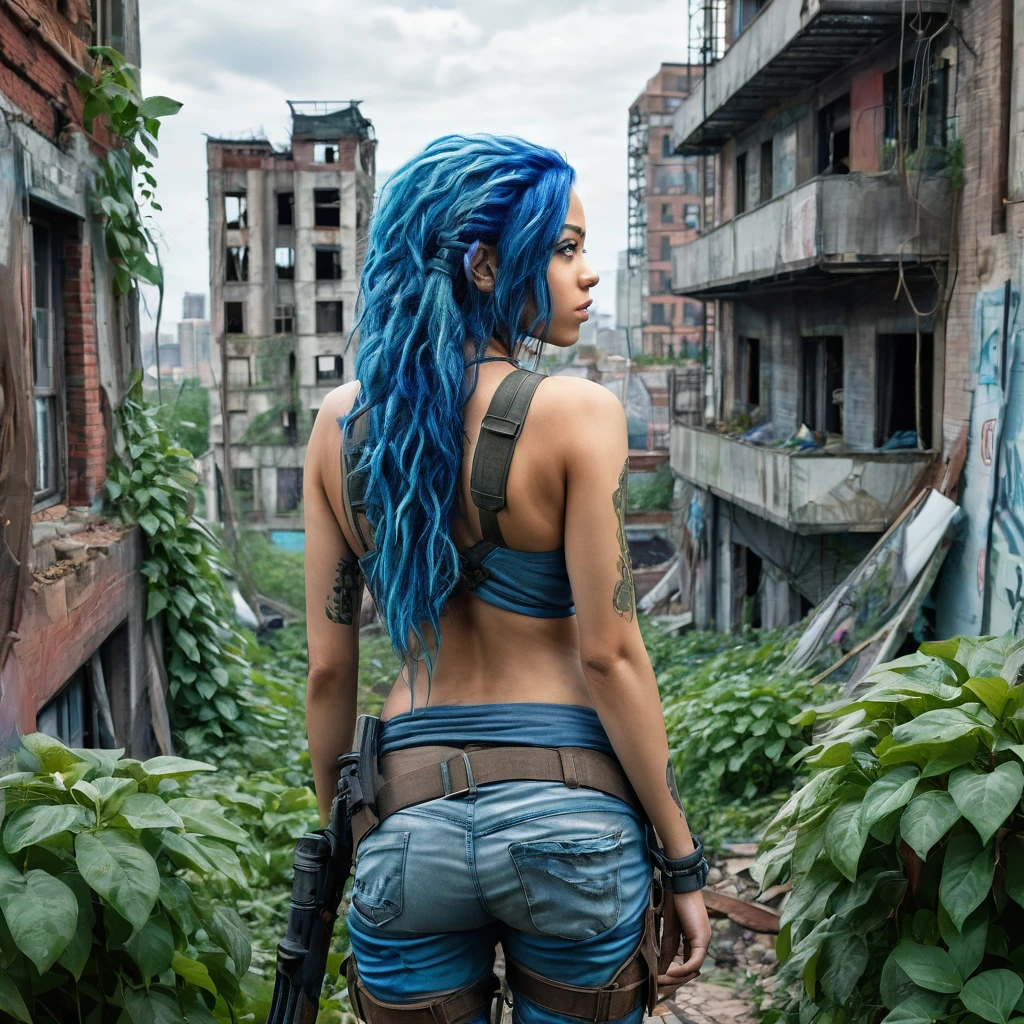 1 girl, beautiful biracial woman with blue hair,blue eyes, extremely detailed full body , look back, Résolution Haute, city with Building covered by Climbing plant, post apocalyptic univers, survivor dirty clothes, large breasts, machete on back, Plan Large, 
