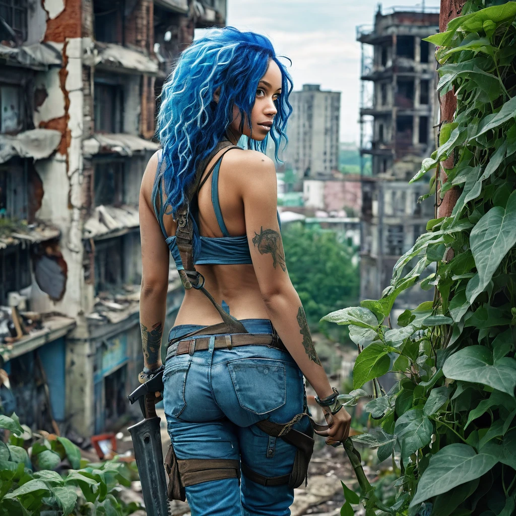 1 girl, beautiful biracial woman with blue hair,blue eyes, extremely detailed full body , look back, Résolution Haute, city with Building covered by Climbing plant, post apocalyptic univers, survivor dirty clothes, large breasts, machete on back, Plan Large, 