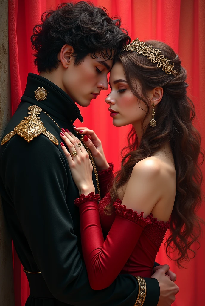 A cover for a romance novel called "visceral" It&#39;s about a kind of Enemys to lovers between two teenagers, a prince with black curly hair, white skin and green eyes, and a princess with wavy brown hair, white skin and violet eyes. Their clothes must be red or black and the Targaryen symbol. author: Solesxt 