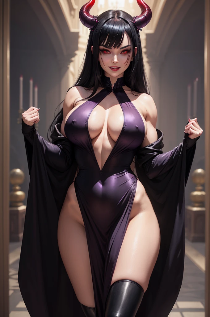 evil evil sadistic face. long horns mouth smile blood lips red eyes black makeup .body muscles big buttocks big breasts short black hair violet silk suit with plunging neckline 2 pieces. in a palace