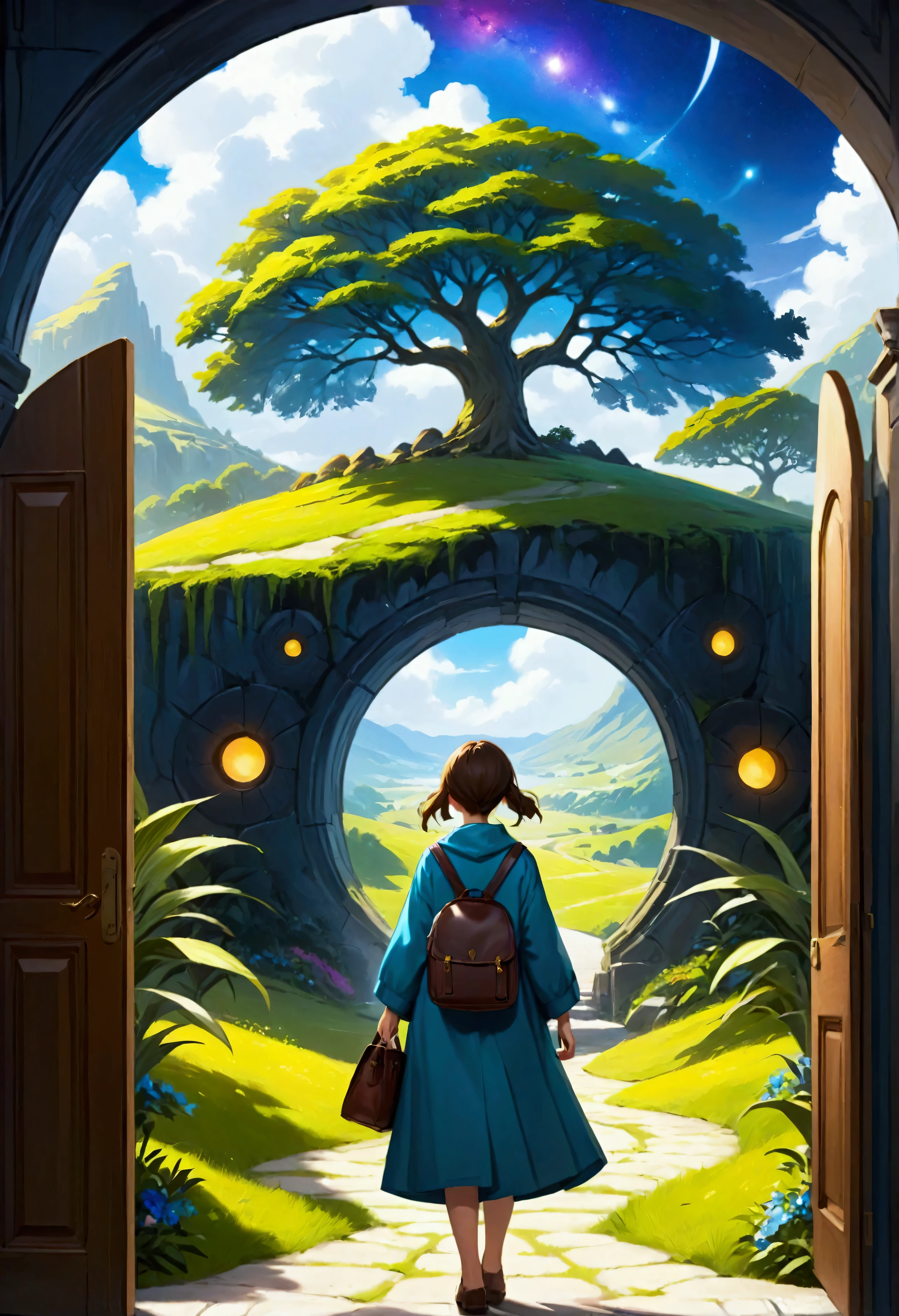 The picture shows a scene, that seems to come from a fantasy world. In the foreground in the centre of the picture there is a person, which can be seen from behind. The person is wearing a long coat and appears to be in some kind of cave entrance or a specially designed building. The person holds a bag or purse at their side, which indicates a journey or an adventure.

The entrance, through which the person looks, is round and reminiscent of a giant porthole with artistic ornaments. Through this opening you can see a mystical landscape. There you can see a large, gnarled tree with spreading branches, which comes in a fascinating colour mix of blue, Purple and green shine. The sky in the background is starry and shows a magnificent starry sky, which looks almost like a painting.

To the left of the round entrance you can see many plants and glowing balls or fruits, which also shine in magical colors. The structure on the walls and the door frame are decorated with floral and curved patterns, which give the scene a fairytale and mystical atmosphere.

On the right side of the picture there is a wooden door, which is open to the outside, also richly decorated with carvings. The door leads from a darker area, which is covered with shade and plants, into the brilliant light of the fantastic landscape in the background.

Overall, the picture conveys a feeling of departure and adventure, in a world full of magic and wonder. The colors are vibrant and contrasting, which further enhances the mood of mysticism and fantasy.