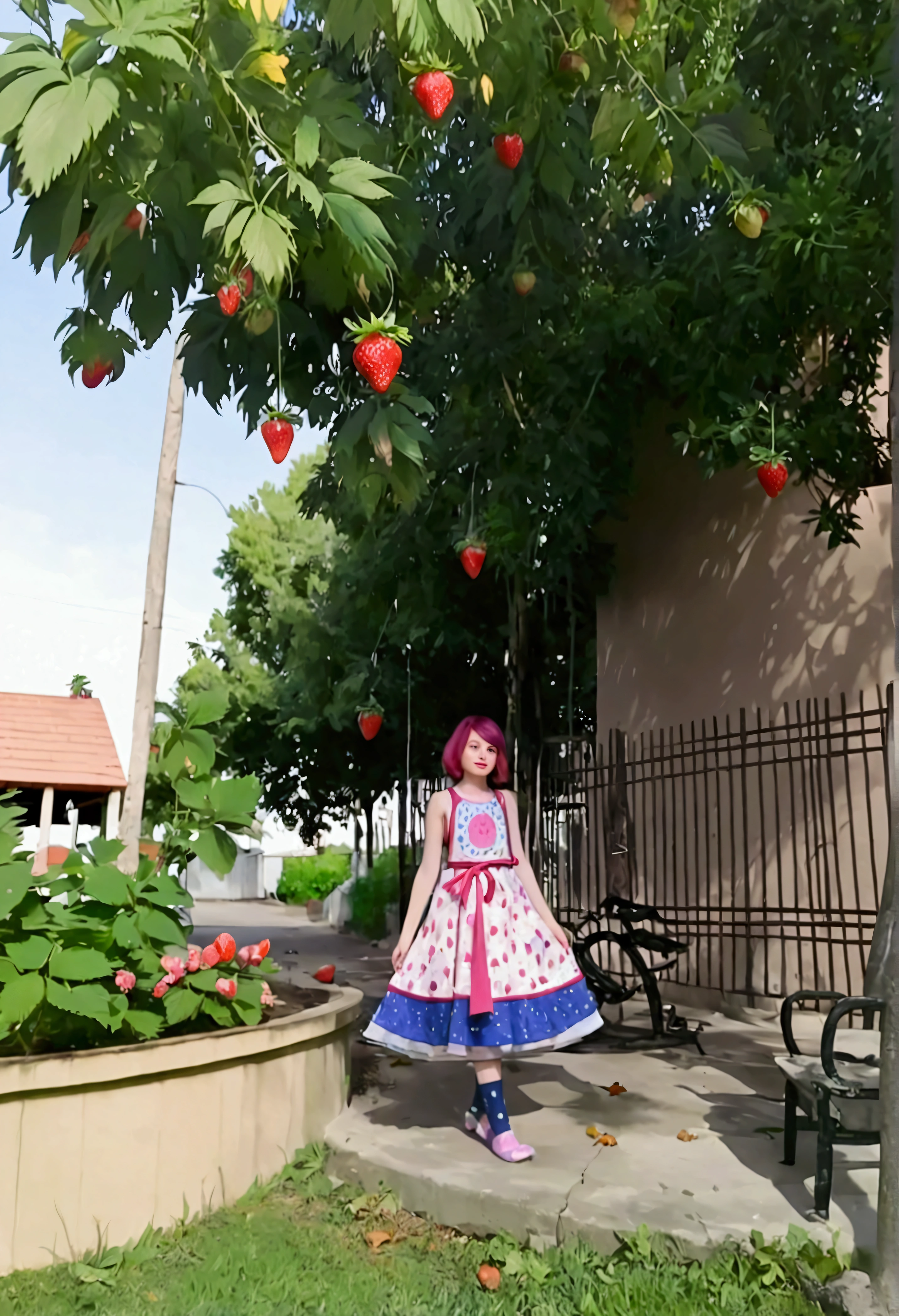 Girl around green trees with blue and purple tones, the girl has a strawberry dress, short red hair 