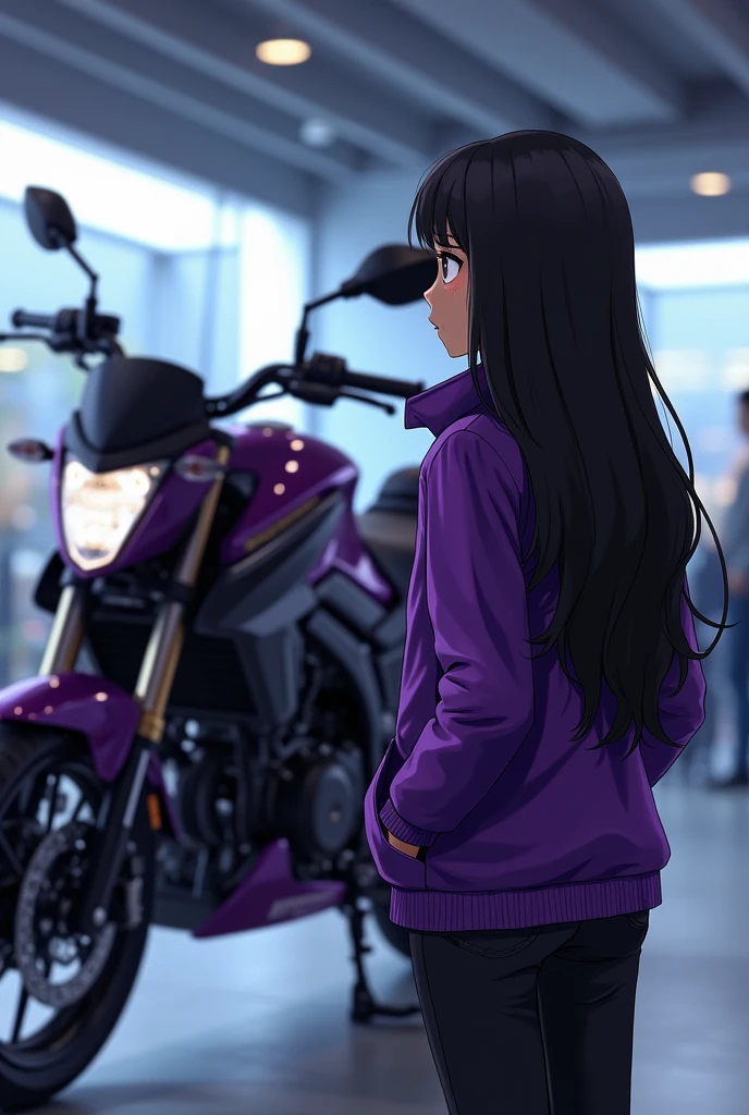 A girl from behind with long black hair, brown skin, dressed in a purple jacket and black pants. Looking at a display case that has a brand motorcycle: apache 180 tvs black with purple details.