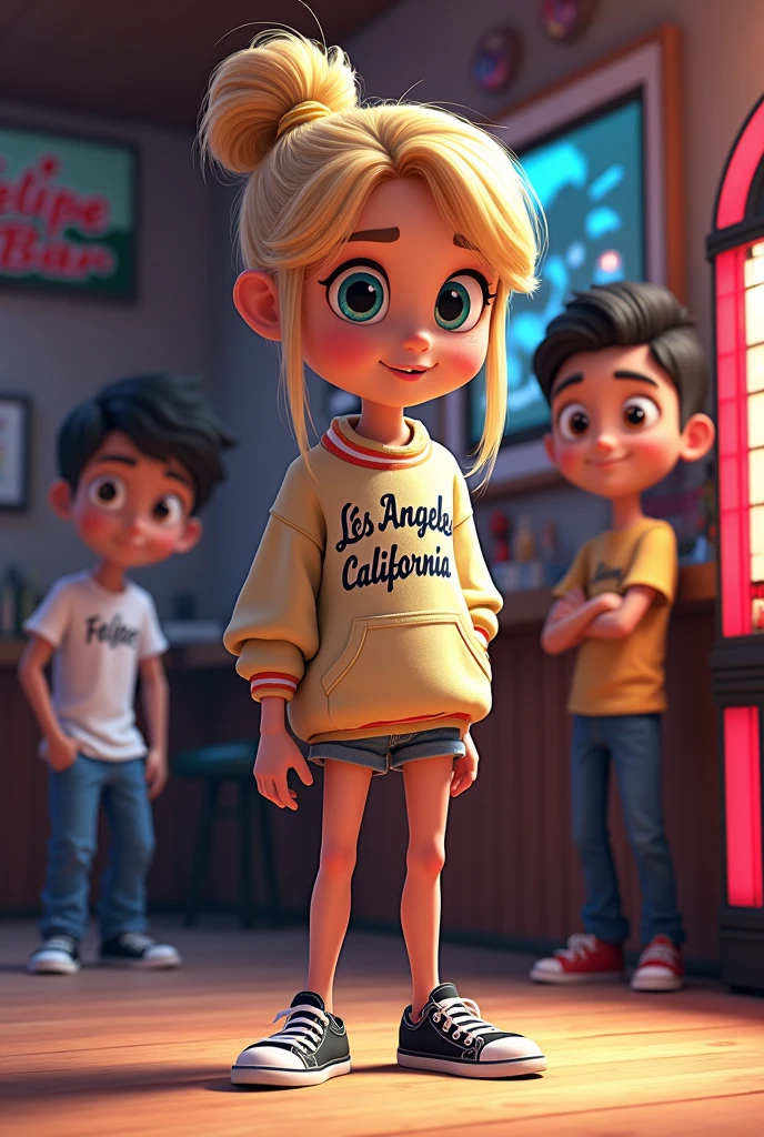 Animated Tall blonde girl with a bun wearing a Los Angeles California sweatshirt with black tennis shoes on a pair of round-headed men with short black hair, tall, white, thin, brown eyes, wearing a Columbia shirt in the background a bar with painball machines and a jukebox that says Felipe bar