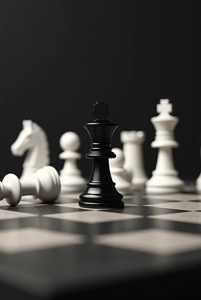 chessboard, with only the black pawn standing, around the fallen white pieces