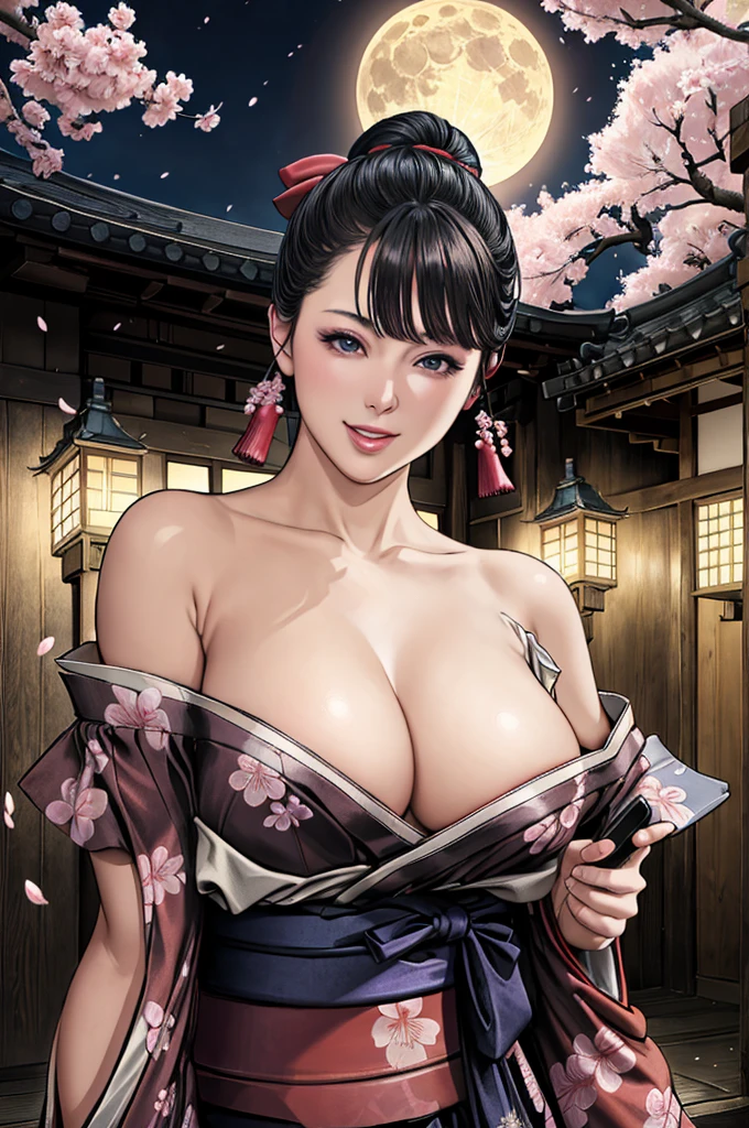 (Browsing Caution), (RAW Photos), (Realistic), (Photorealistic), Ultra-high resolution, masterpiece, Highest quality, Portraiture, facial Portraiture, Perfect lighting, Detailed lighting, Dramatic Shadows, Ray Tracing, Pure Eros Face_v1, Urzan-6500-v1.1, ((smile)), ((upper body:1.2)), ((random sexy pose)), looking at viewer, ((wearing a kimono)), ((off shoulders kimono:1.8)), ((in old Japanese street)), ((night)), ((full moon)), ((background with Cherry blossoms:1.2)), ((Japanese tattoo)),